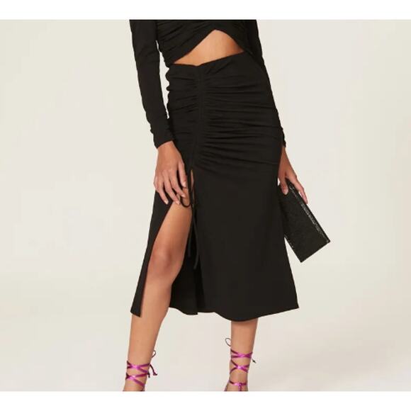 Cinq à Sept Women Stella Ruched Skirt XS Black Front Midi Slit High Rise - Picture 1 of 11